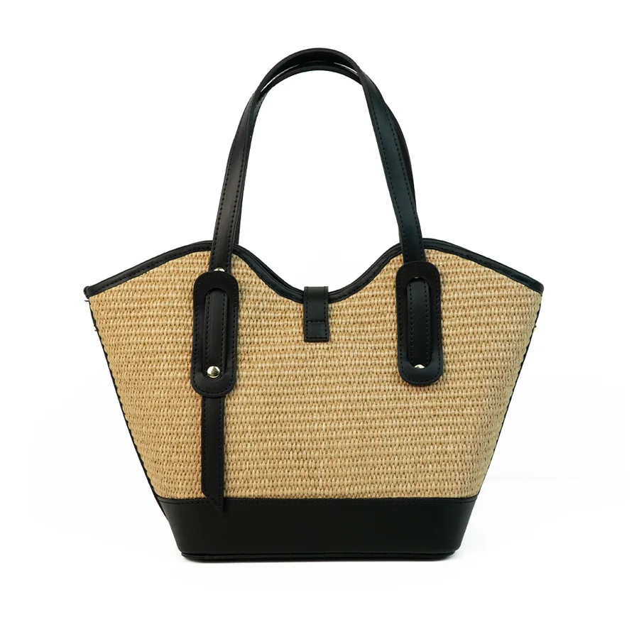 Leather-Trim Woven Tote Bag — view 2