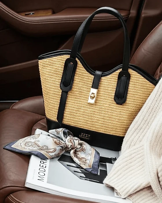 Leather-Trim Woven Tote Bag worn