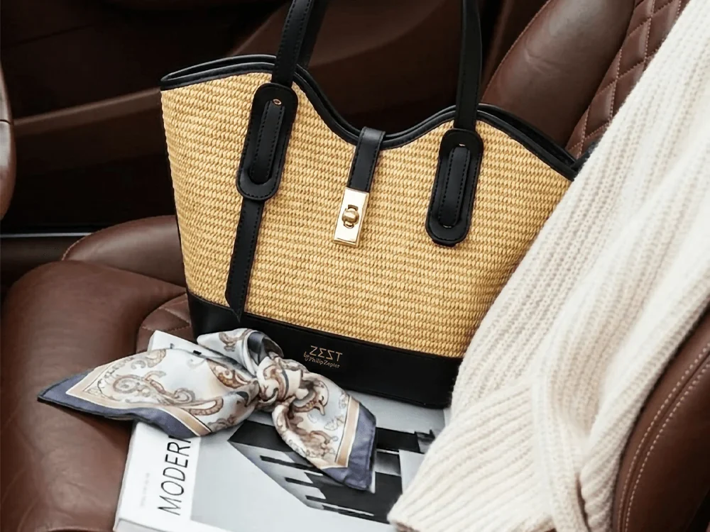 Leather-Trim Woven Tote Bag worn
