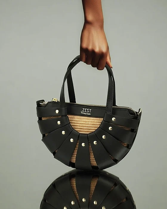 Cut-Out Leather Woven Tote worn