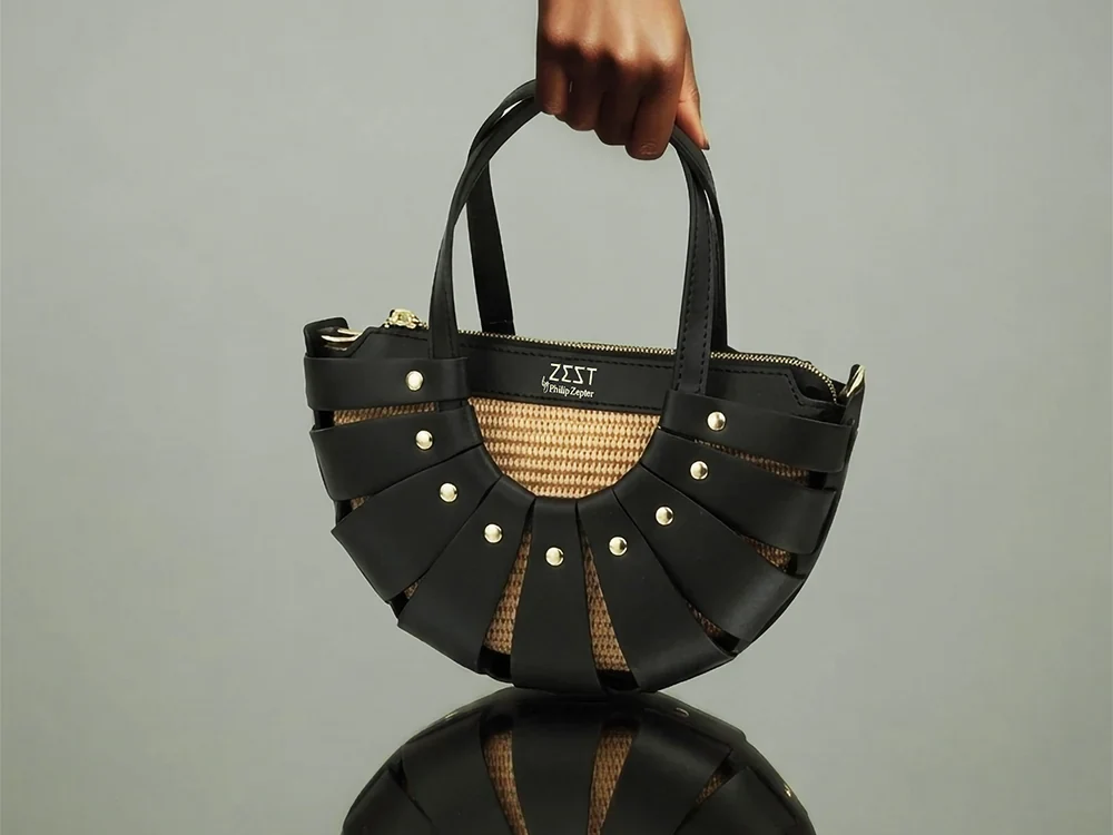 Cut-Out Leather Woven Tote worn