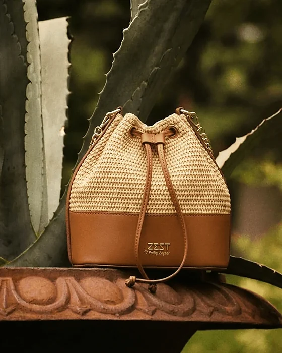 Drawstring Woven Bucket Bag worn