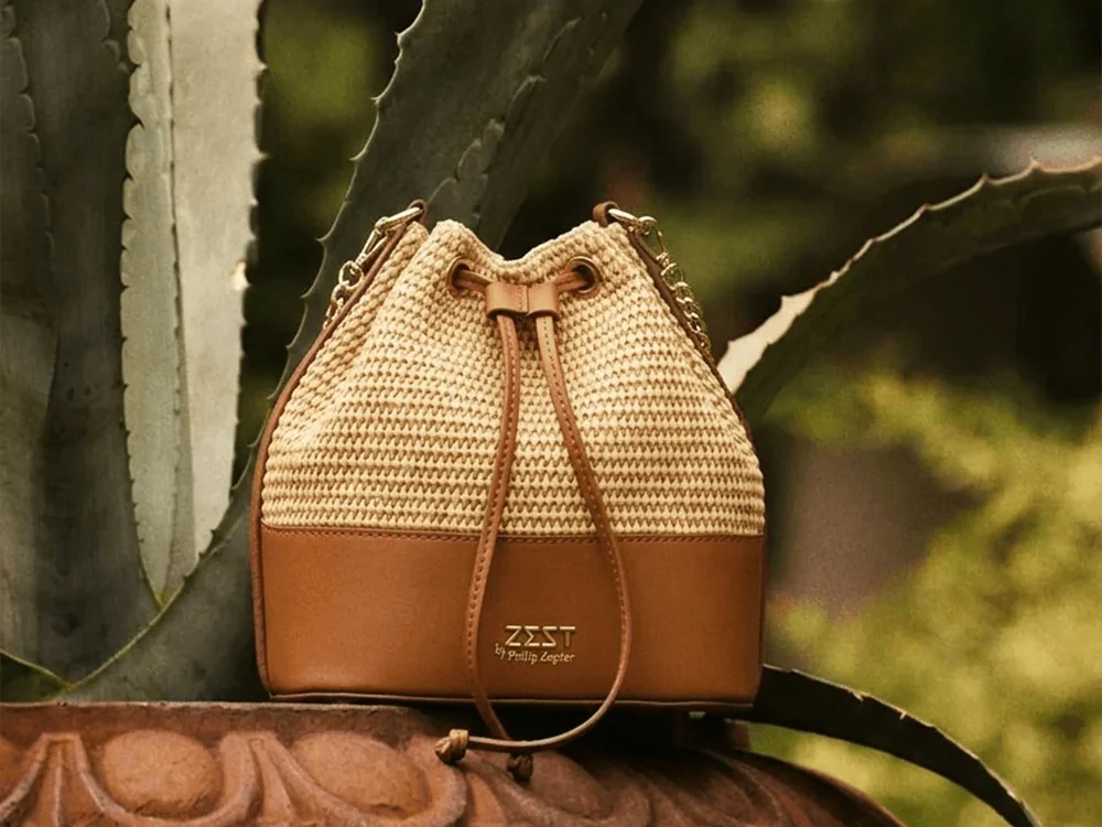 Drawstring Woven Bucket Bag worn