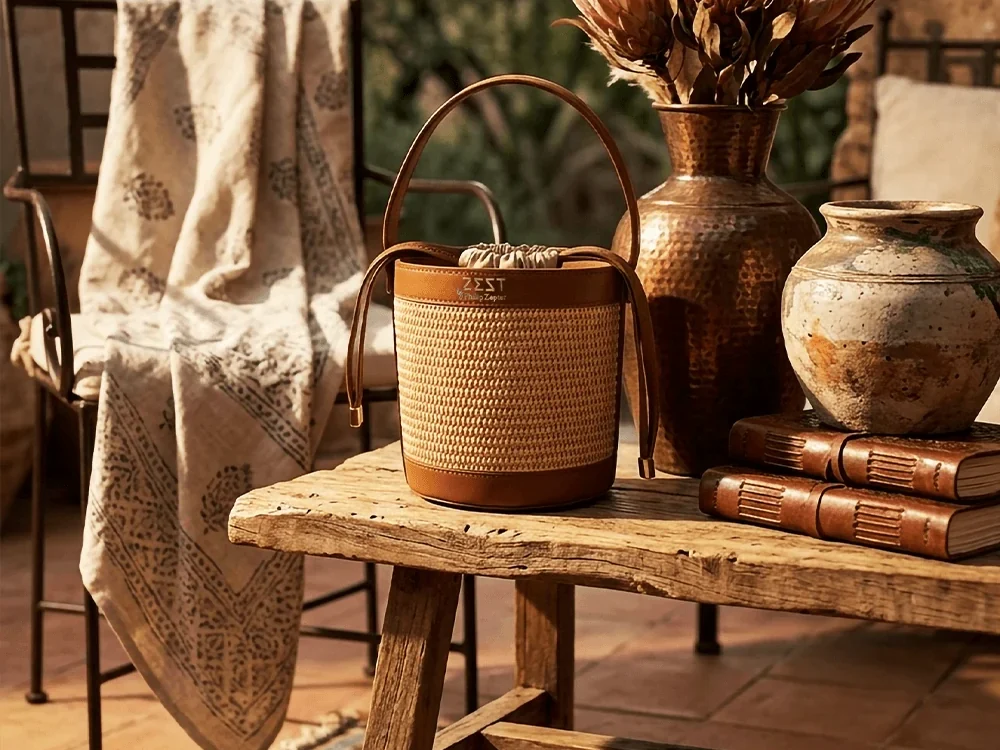 Structured Woven Mini Bucket Bag worn